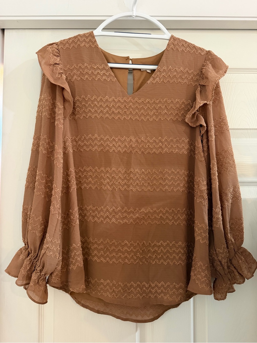 JODIFL Light Brown Ruffle V-Neck Blouse- Small